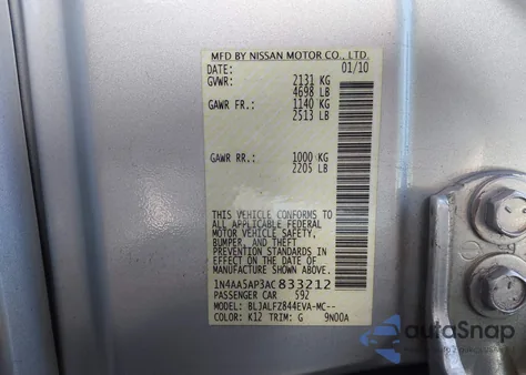 2010 Nissan Maxima 3.5 Sv z USA, uszkodzony, nr VIN 1N4AA5AP3AC833212